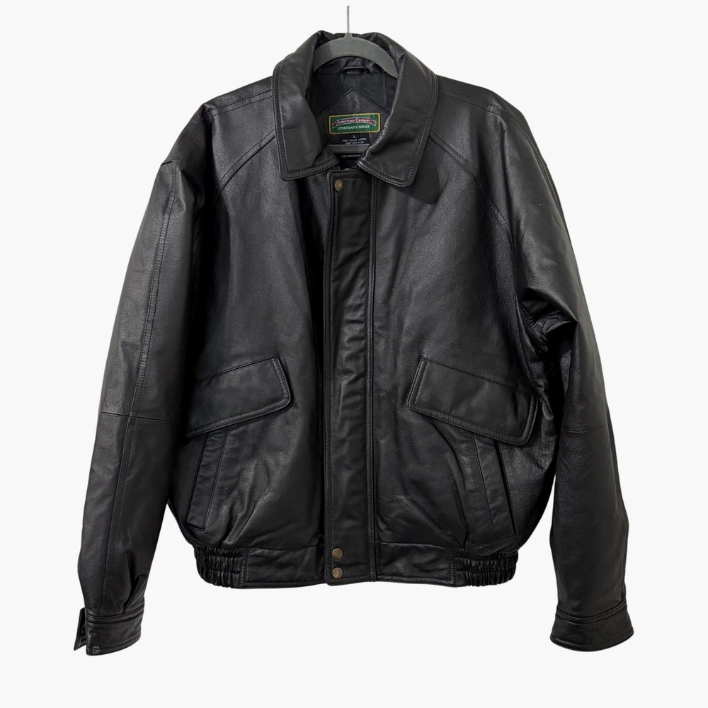 VTG 90s American Camper Black Genuine Leather Bomber Jacket Mens Large Aviator